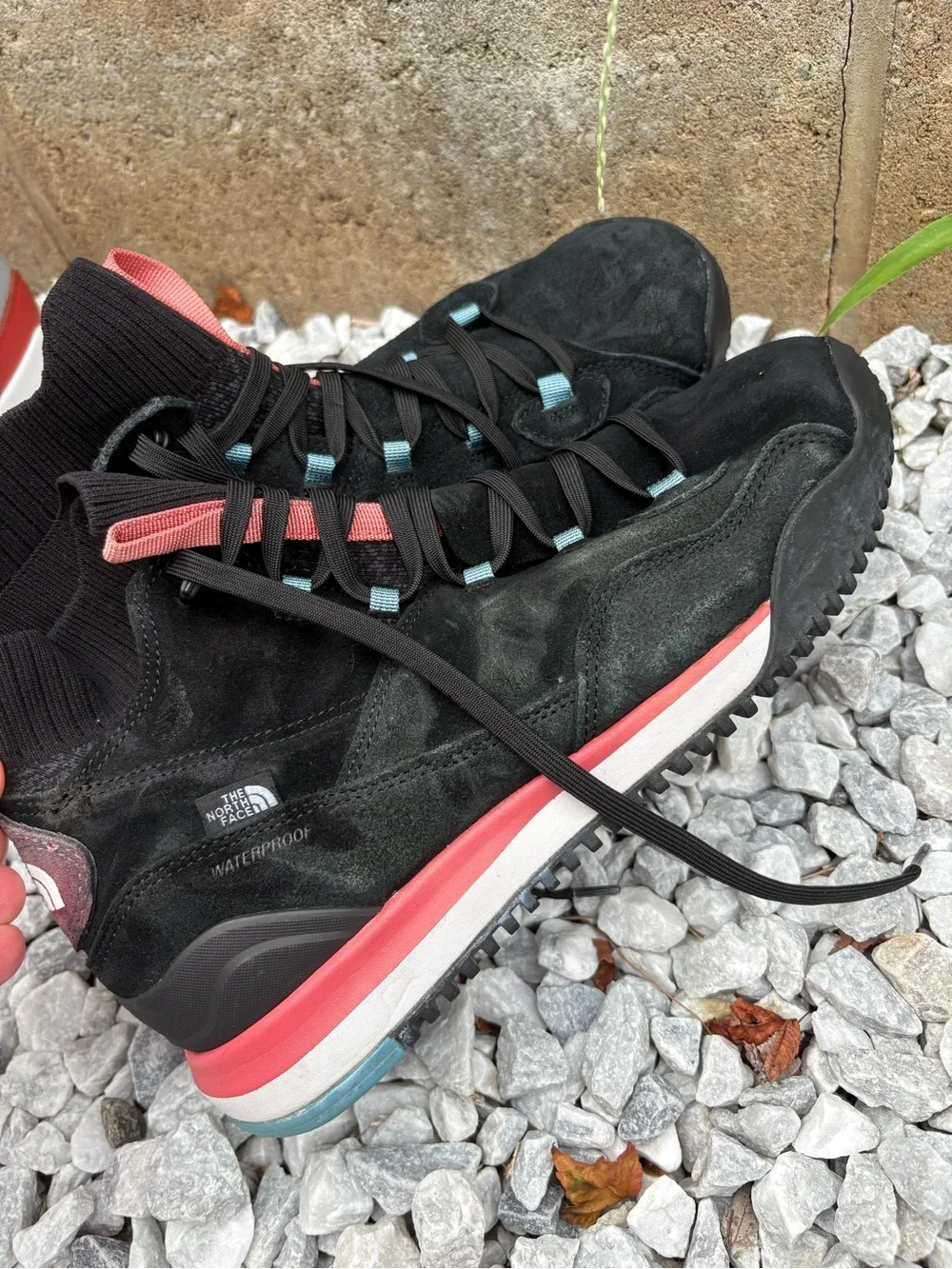 The North Face Black Waterproof Suede Hiking Sneakers with Coral Accents